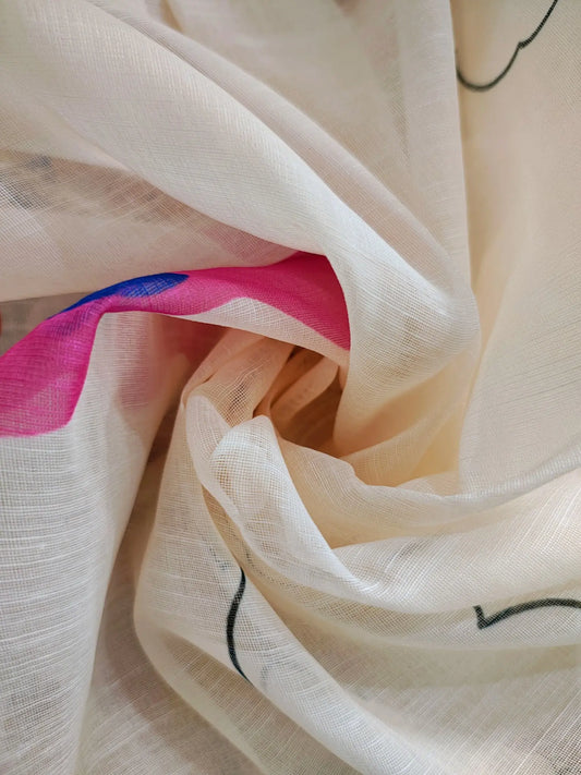 Cream Linen Cotton Saree with Quirky Cartoon Village Motifs - Soft