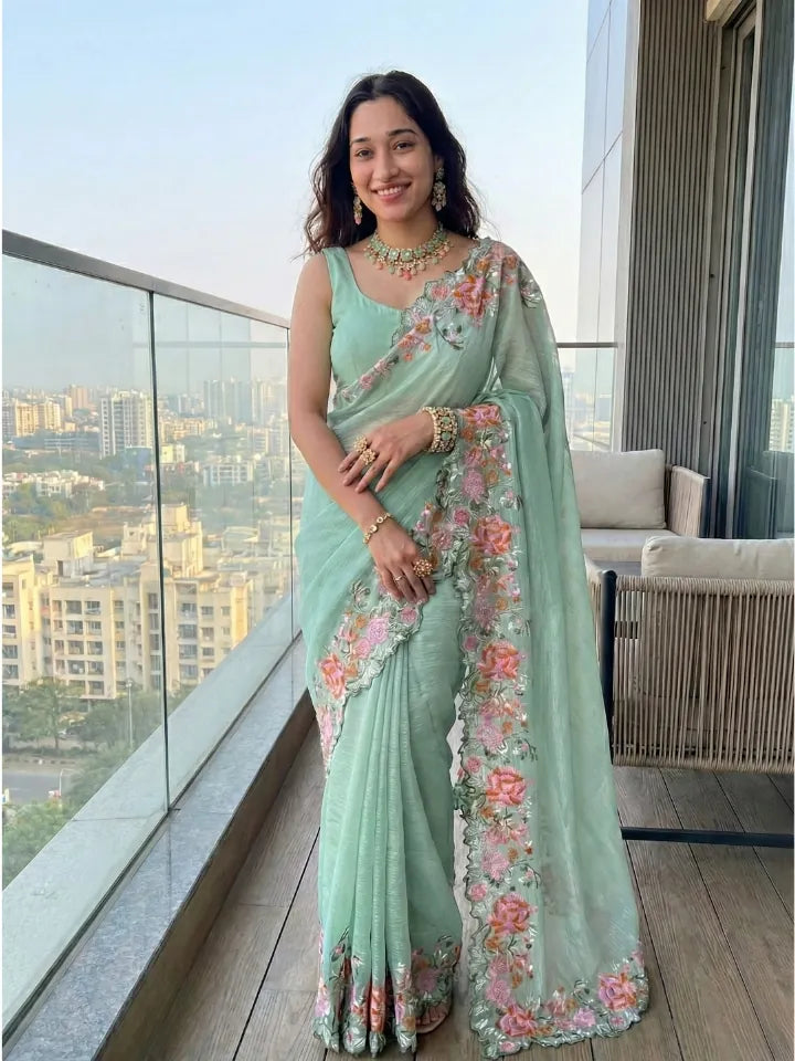 Elegant Pista Green Saree with Fine Floral Embroidery