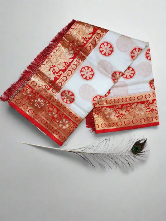 Ivory & Red Banarasi Silk Saree with Golden Zari Work