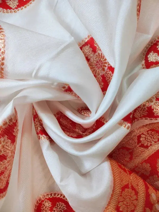 Banarasi Silk Saree - White & Red with Golden Zari Work | Ideal Saree for Weddings & Festivals