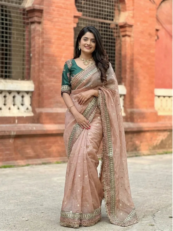 The Blush Beige Crush Tissue Saree with Exquisite Embroidery Work