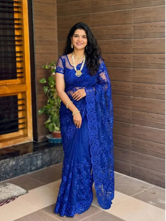 The Royal Blue Butterfly Net Saree with Rich Embroidery Work