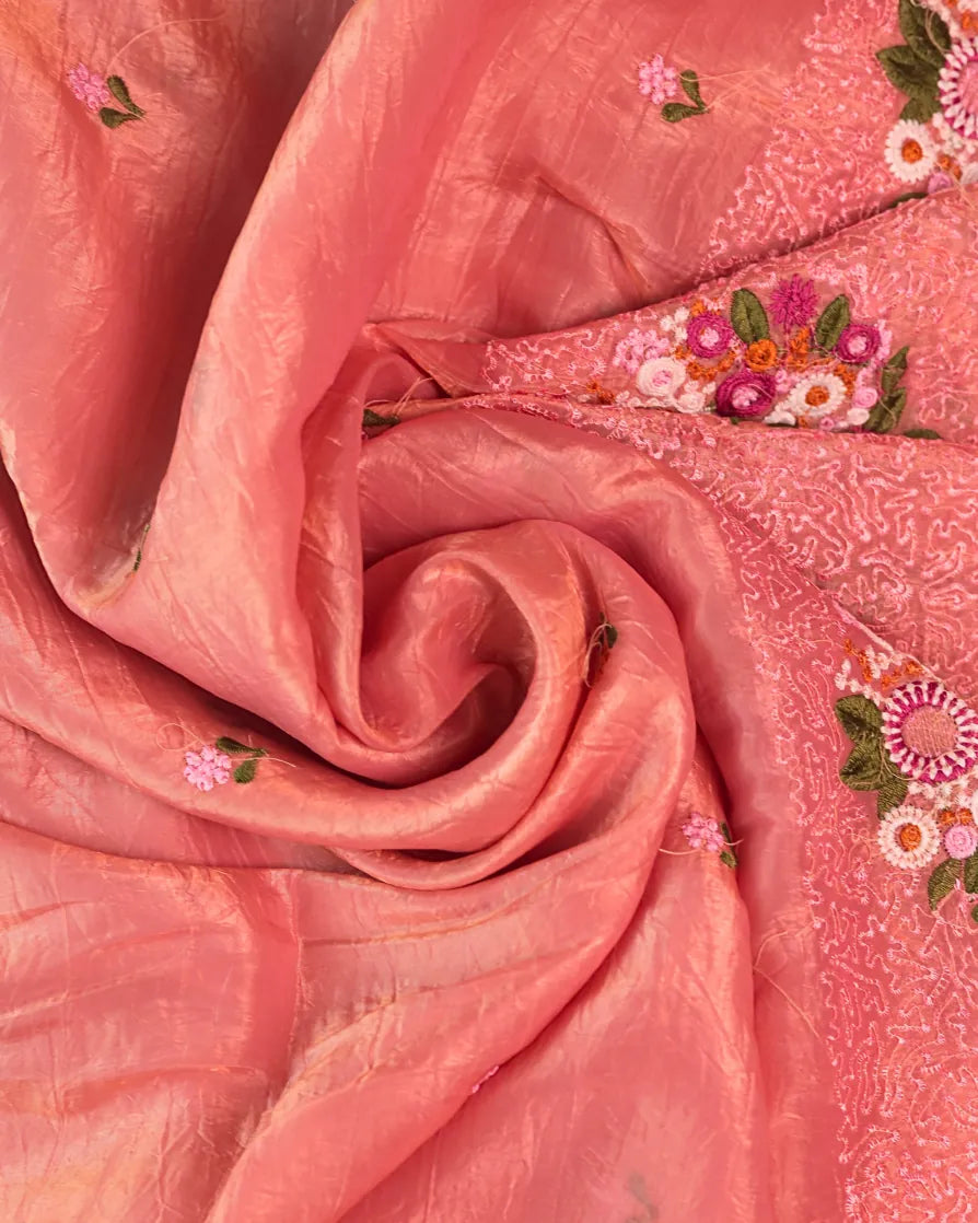 The Coral Pink Saree with Meticulous Embroidery Work