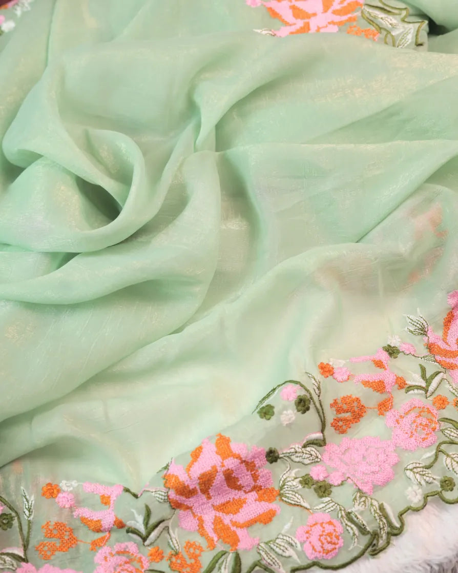 Elegant Pista Green Saree with Fine Floral Embroidery