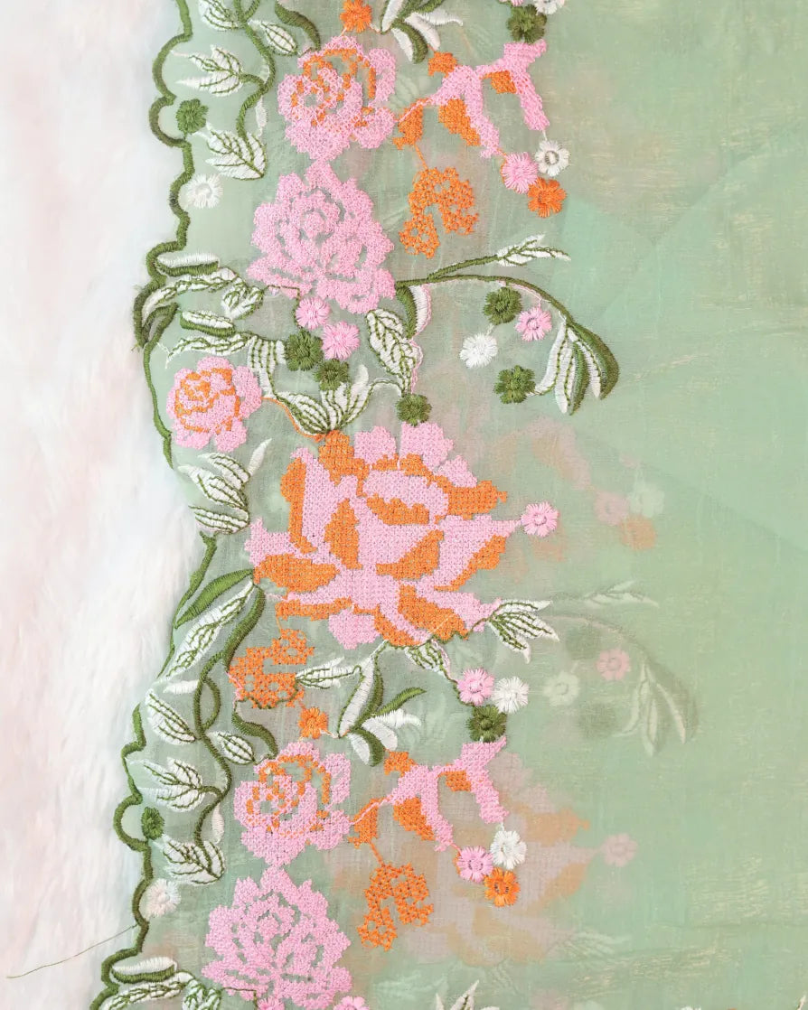 Elegant Pista Green Saree with Fine Floral Embroidery