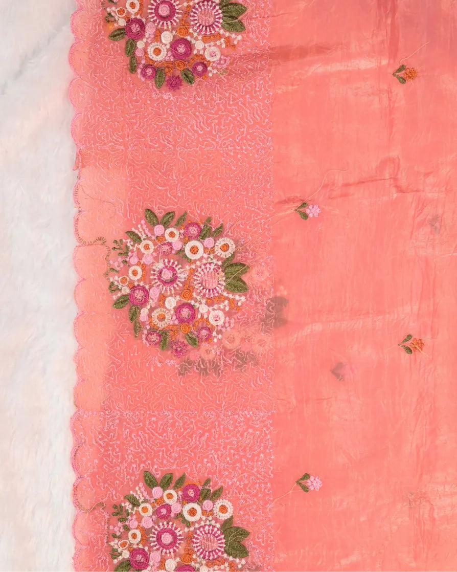 The Coral Pink Saree with Meticulous Embroidery Work