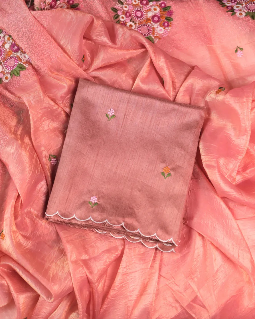 The Coral Pink Saree with Meticulous Embroidery Work