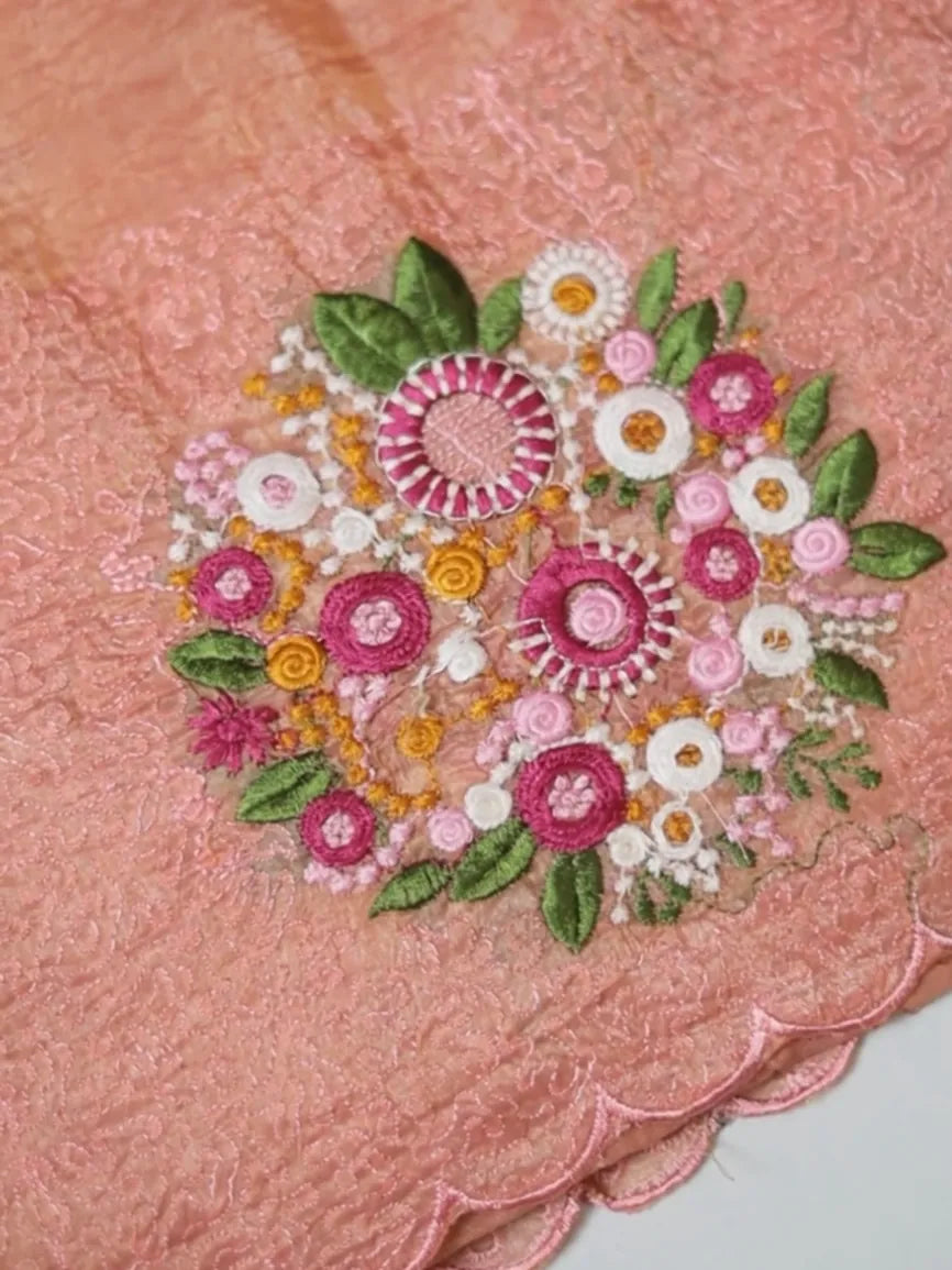 The Coral Pink Saree with Meticulous Embroidery Work
