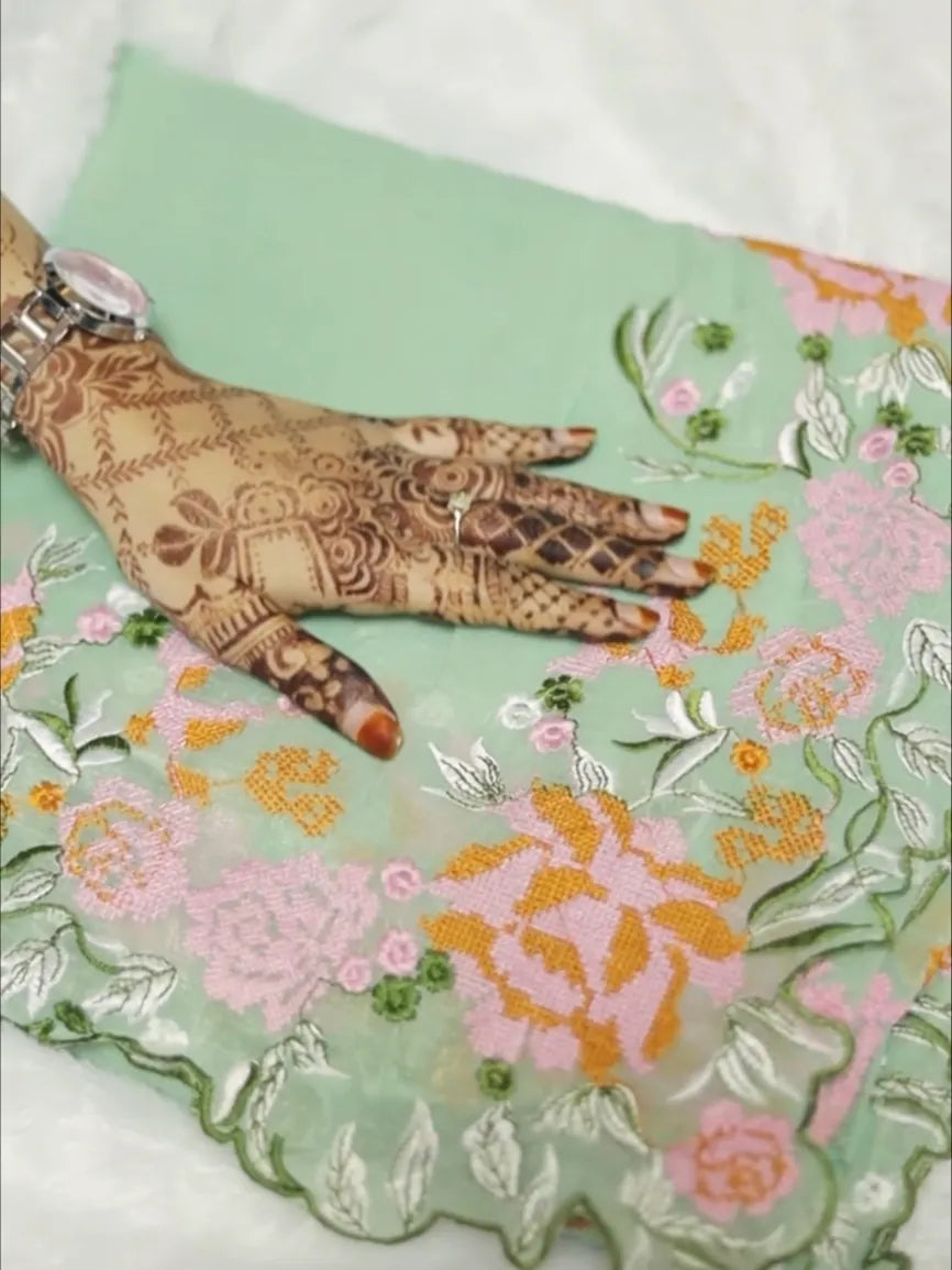 Elegant Pista Green Saree with Fine Floral Embroidery