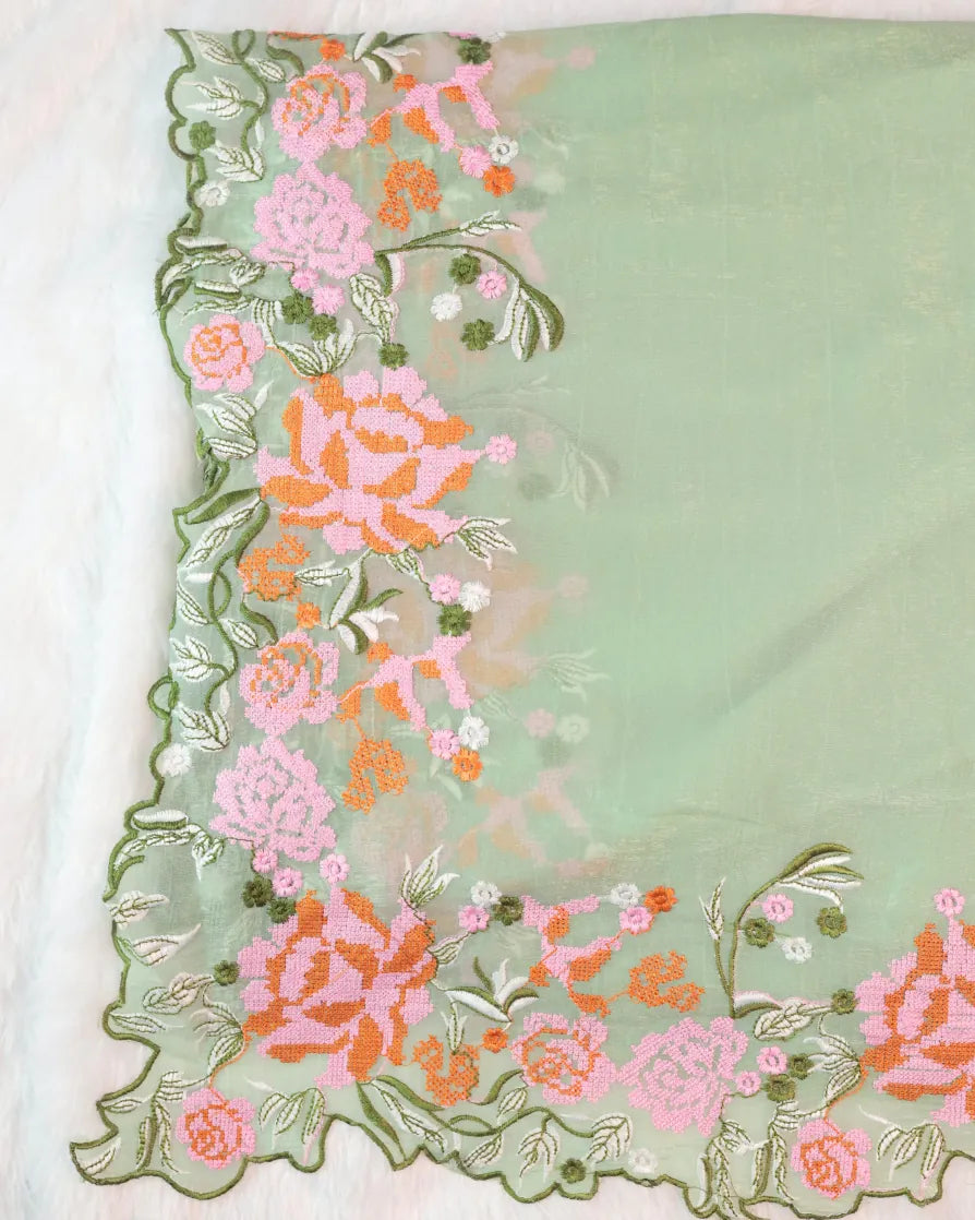 Elegant Pista Green Saree with Fine Floral Embroidery