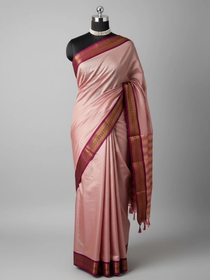 Baby Pink Kanjivaram Silk Saree with Magenta Zari Border