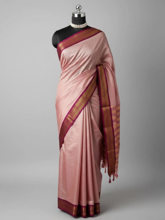 Baby Pink Kanjivaram Silk Saree with Magenta Zari Border