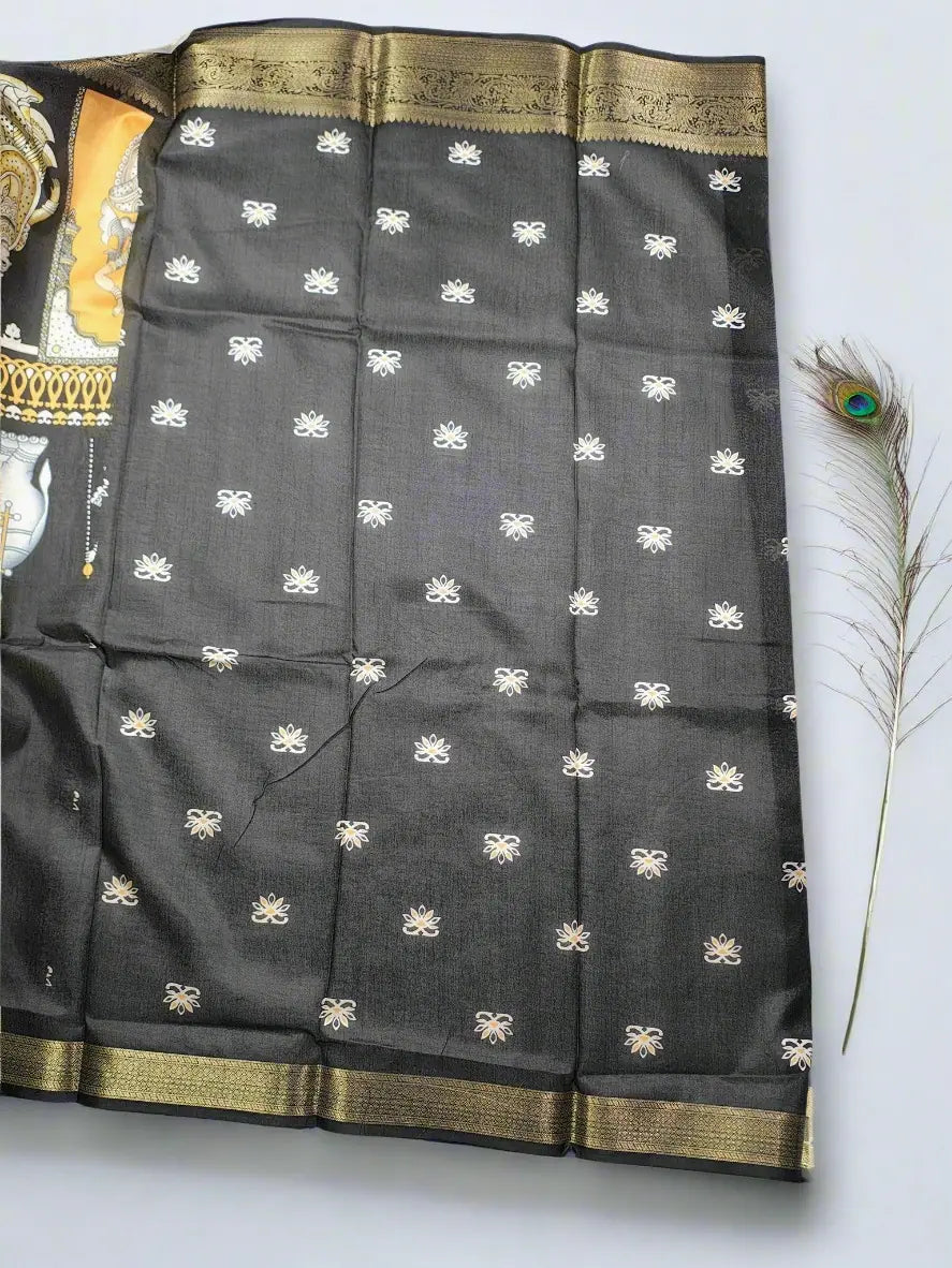 Party Wear Saree - Black & Mustard Kalamkari Saree with Mythological Art