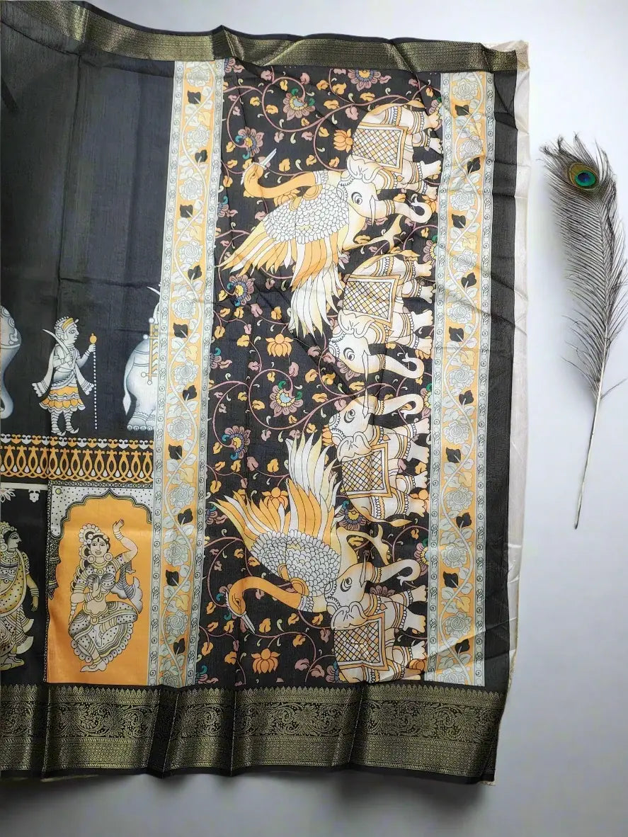 Party Wear Saree - Black & Mustard Kalamkari Saree with Mythological Art