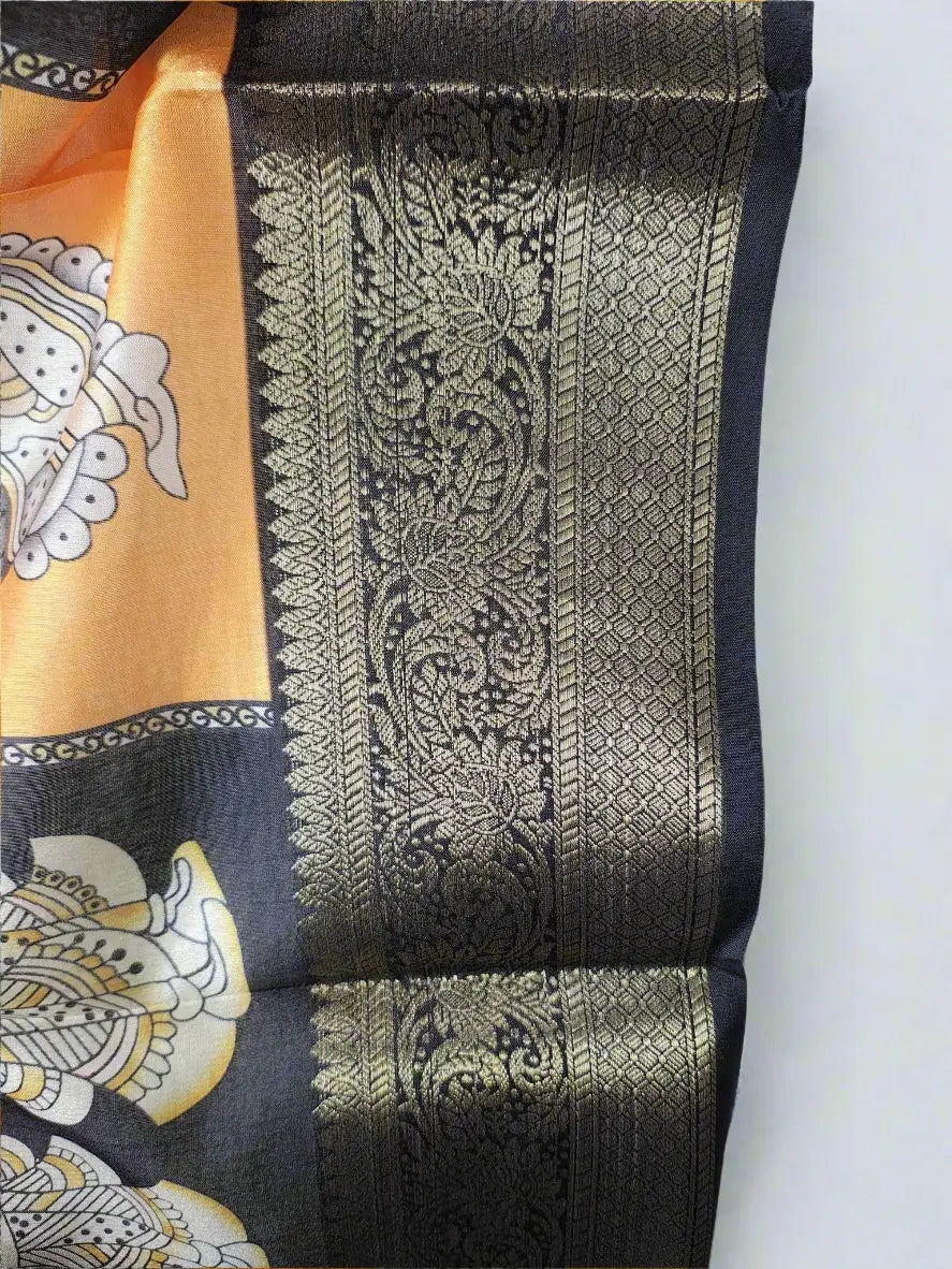 Party Wear Saree - Black & Mustard Kalamkari Saree with Mythological Art