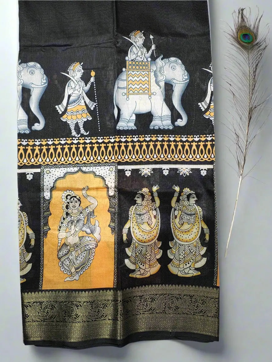 Party Wear Saree - Black & Mustard Kalamkari Saree with Mythological Art