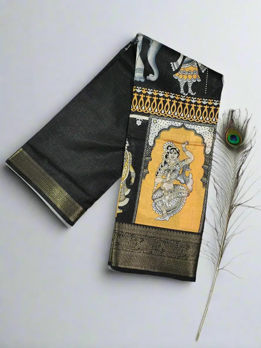 Party Wear Saree - Black & Mustard Kalamkari Saree with Mythological Art