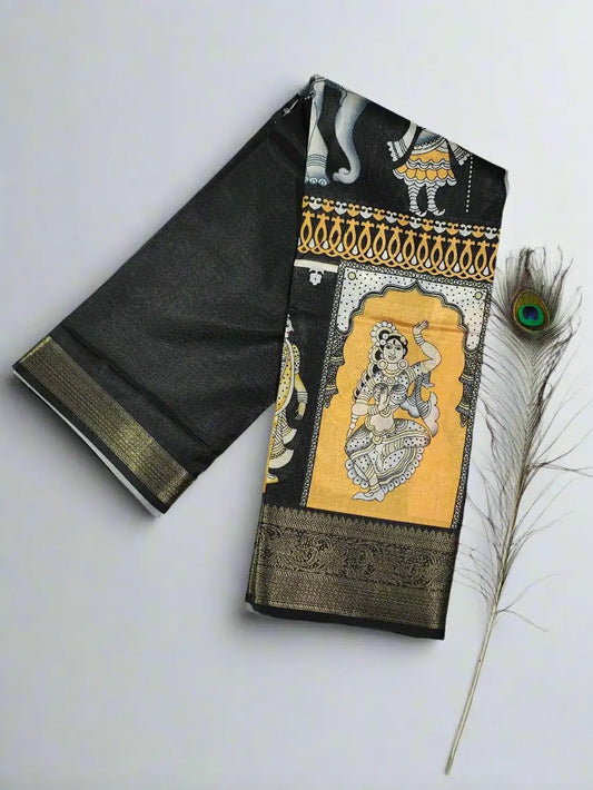 Party Wear Saree - Black & Mustard Kalamkari Saree with Mythological Art