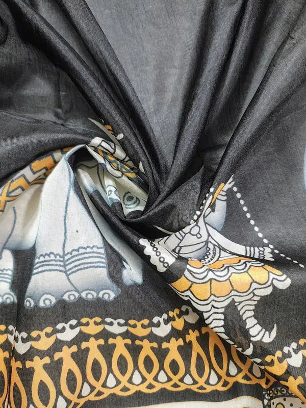 Party Wear Saree - Black & Mustard Kalamkari Saree with Mythological Art