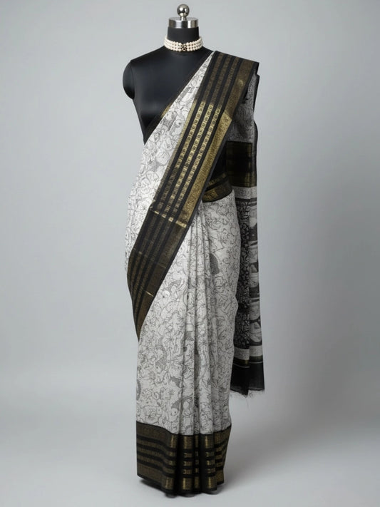 Black & White Kalamkari Saree with Zari Border & Intricate Motifs