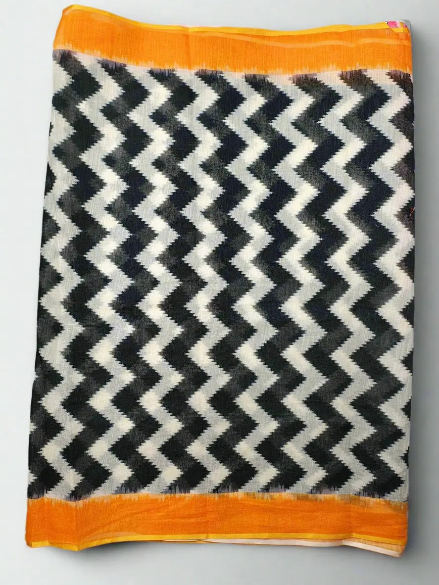 Linen Cotton Saree with Chevron Design and Mustard Yellow Border – Soft Linen