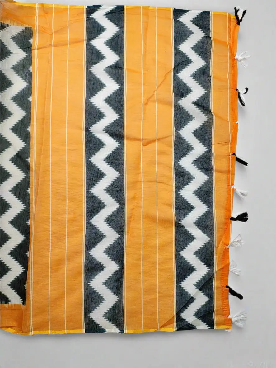 Linen Cotton Saree with Chevron Design and Mustard Yellow Border – Soft Linen