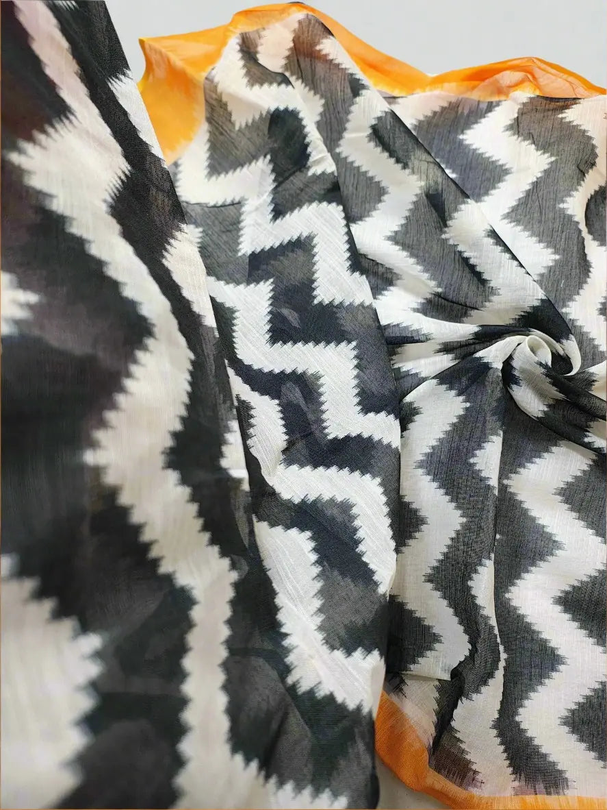 Linen Cotton Saree with Chevron Design and Mustard Yellow Border – Soft Linen