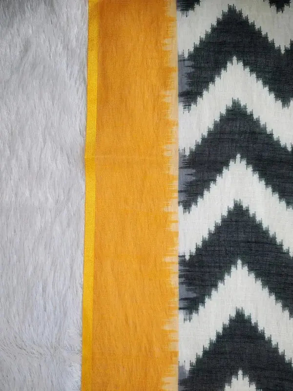 Linen Cotton Saree with Chevron Design and Mustard Yellow Border – Soft Linen