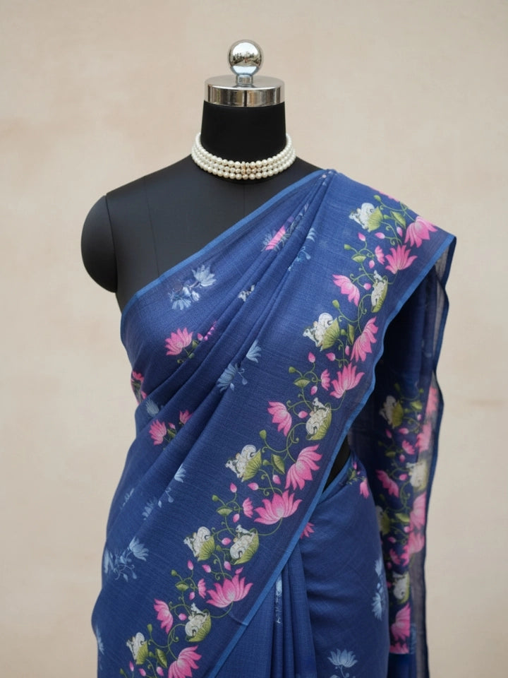 Blue Linen Cotton Saree with Pink Lotus and Cow Motifs - Soft & Lightweight