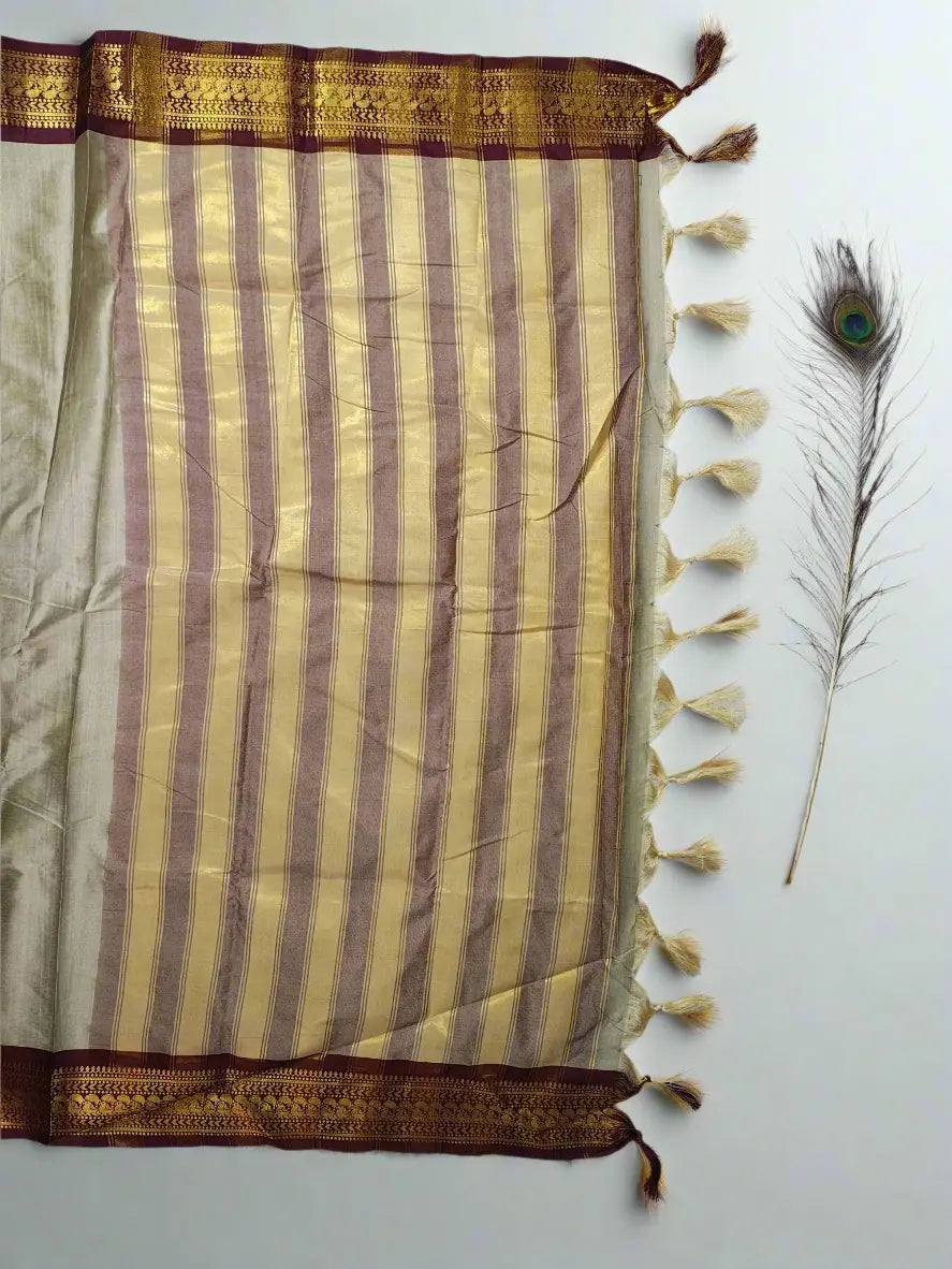 Chikoo Kanjivaram Silk Saree with Maroon Zari Border