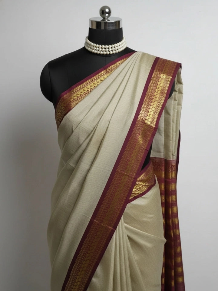 Chikoo Maroon Kanjivaram Silk Saree with Zari Border