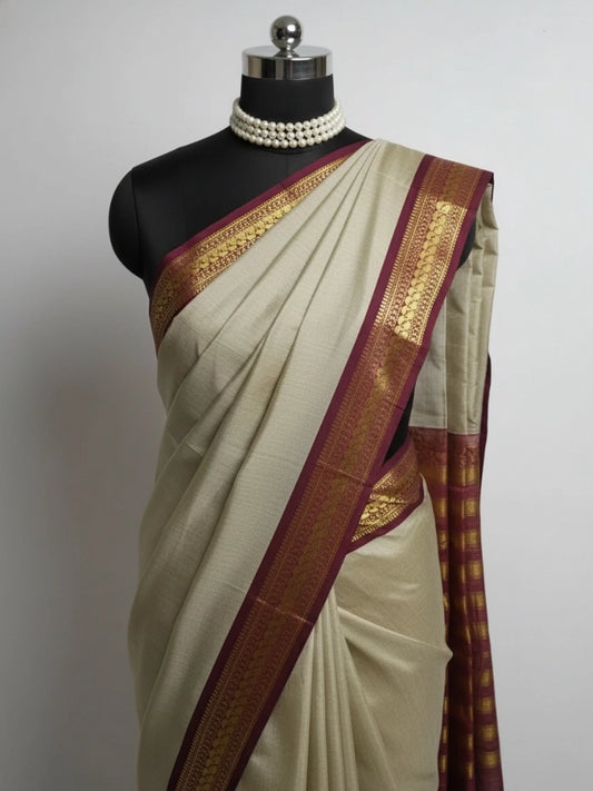 Chikoo Maroon Kanjivaram Silk Saree with Zari Border