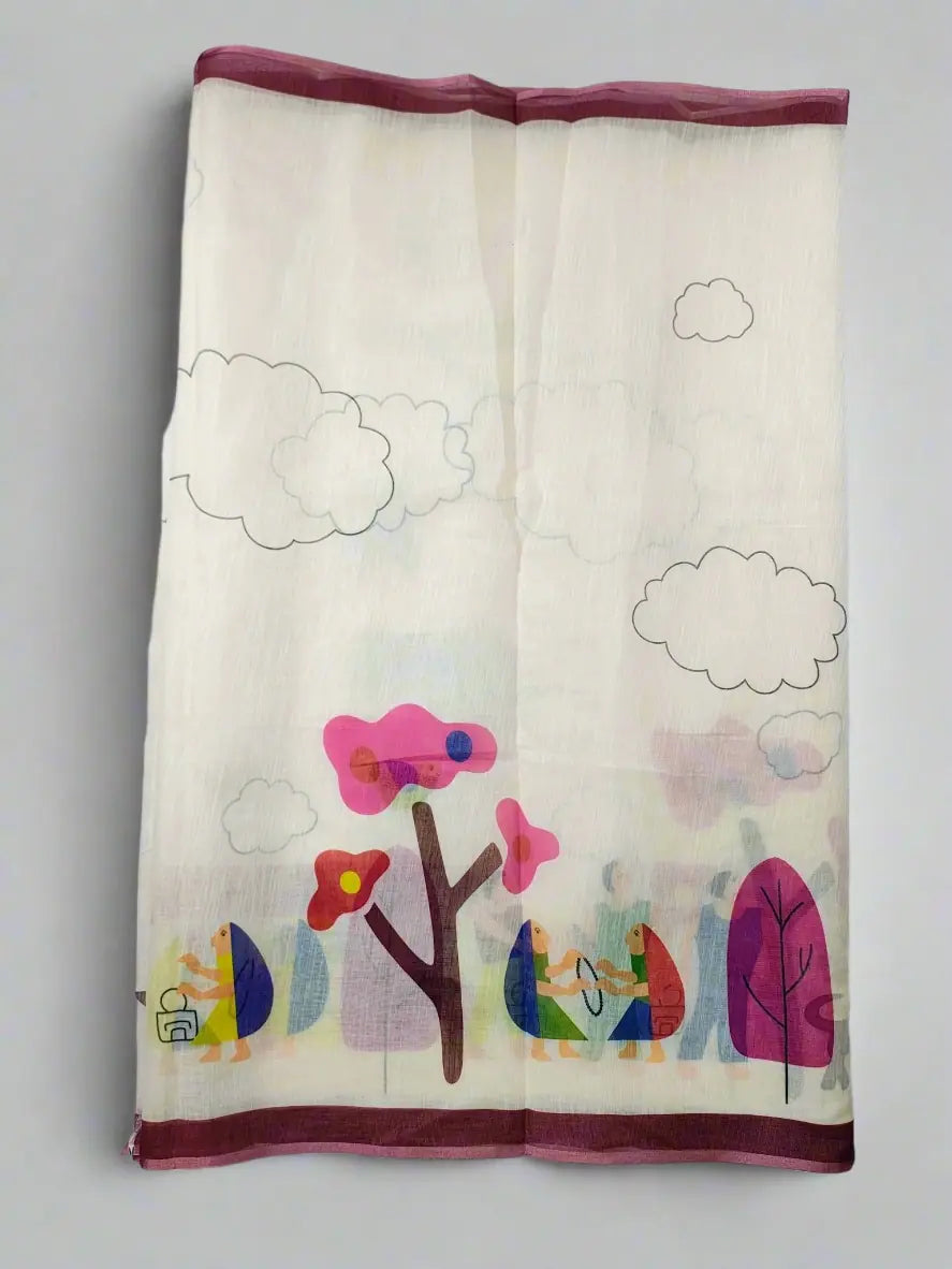 Cream Linen Cotton Saree with Quirky Cartoon Village Motifs - Soft
