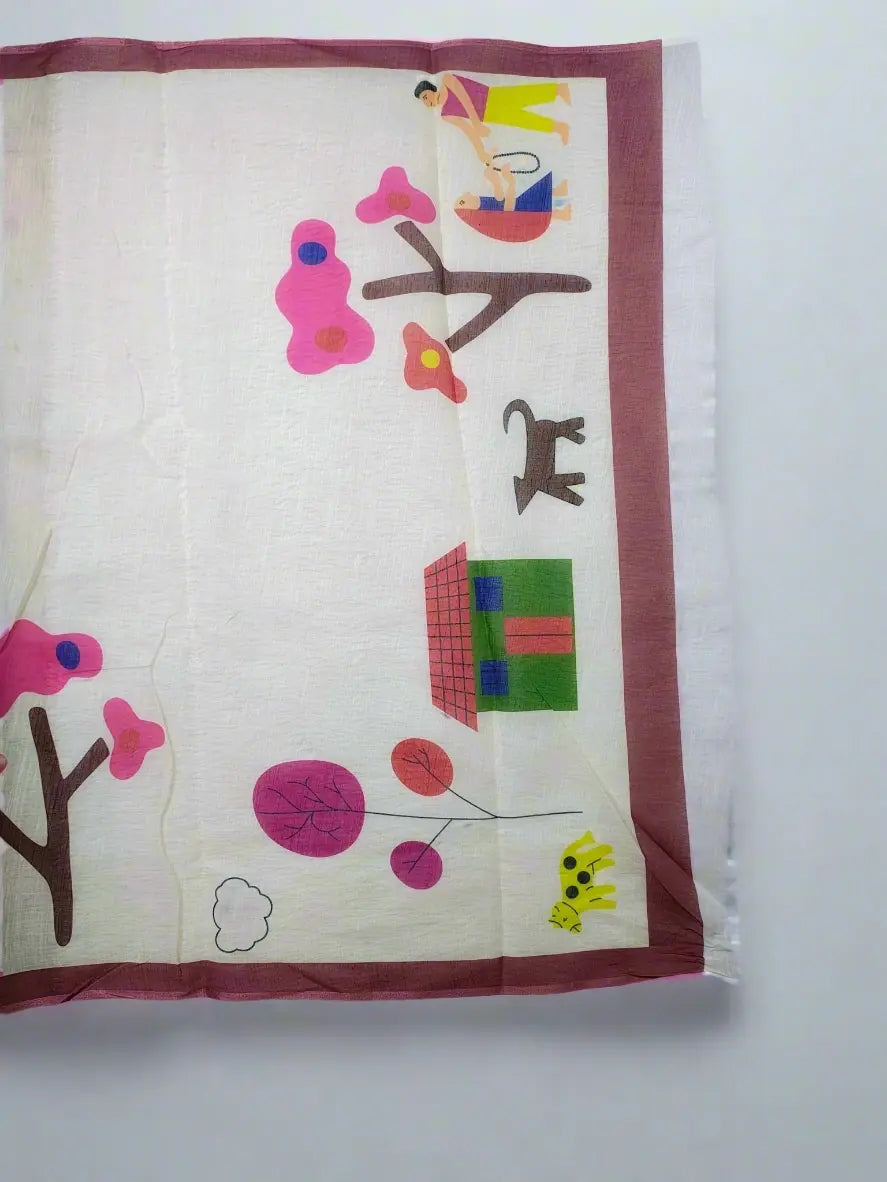 Cream Linen Cotton Saree with Quirky Cartoon Village Motifs - Soft