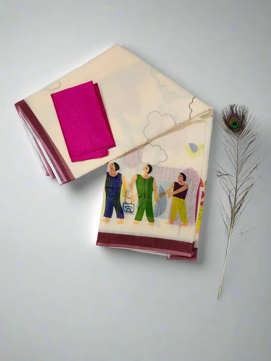 Cream Linen Cotton Saree with Quirky Cartoon Village Motifs - Soft