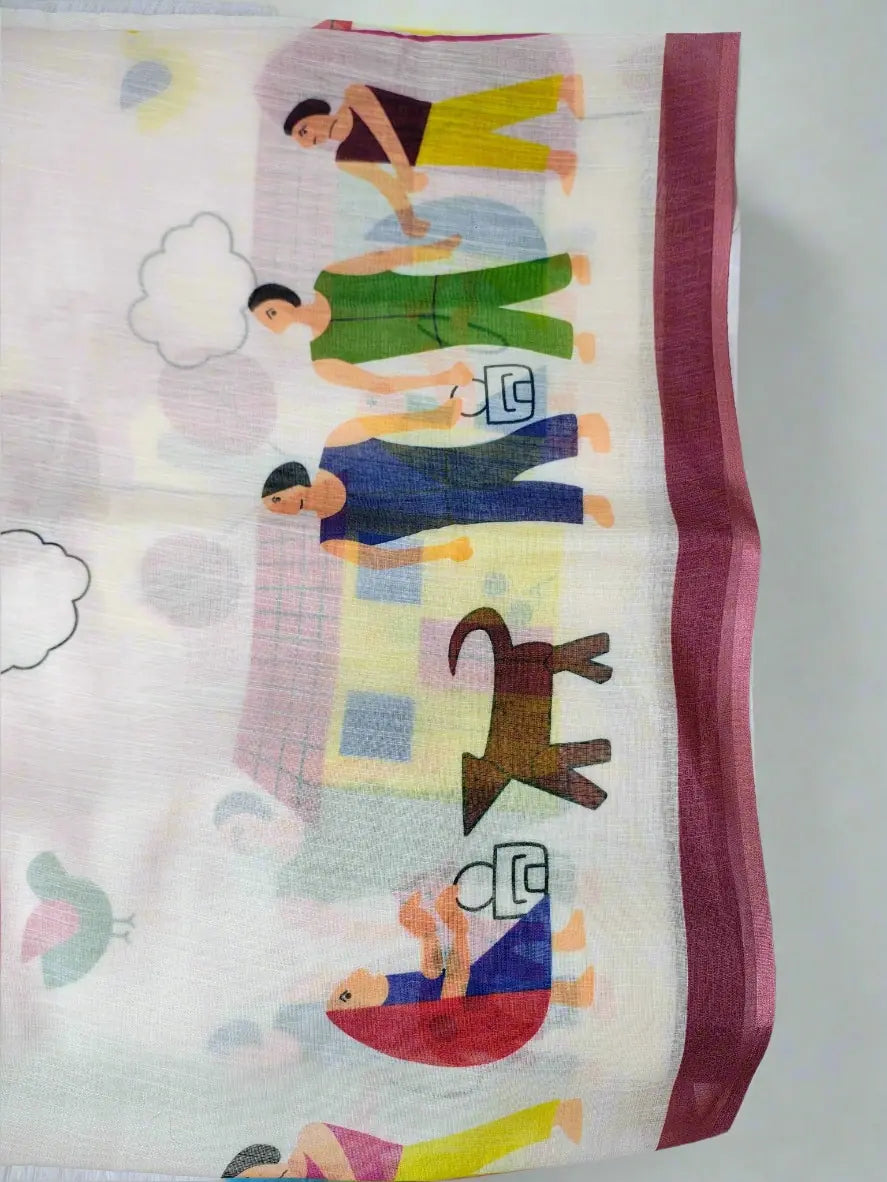 Cream Linen Cotton Saree with Quirky Cartoon Village Motifs - Soft