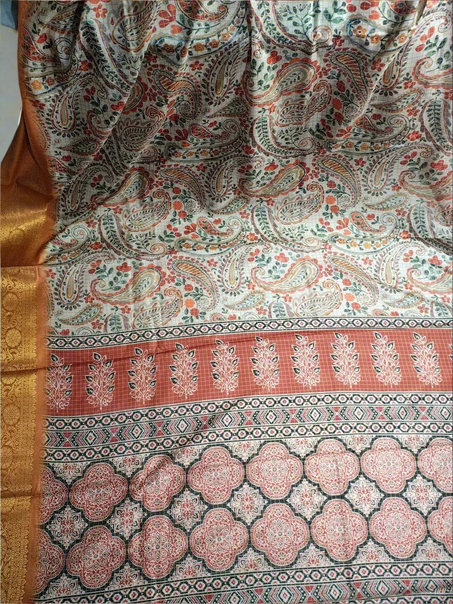 Kalamkari Silk Saree - Cream & Gold with Paisley & Floral Print