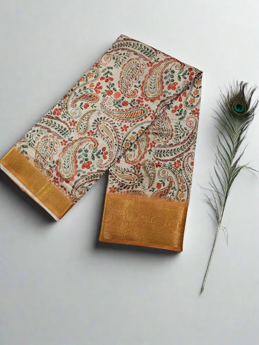 Kalamkari Silk Saree - Cream & Gold with Paisley & Floral Print