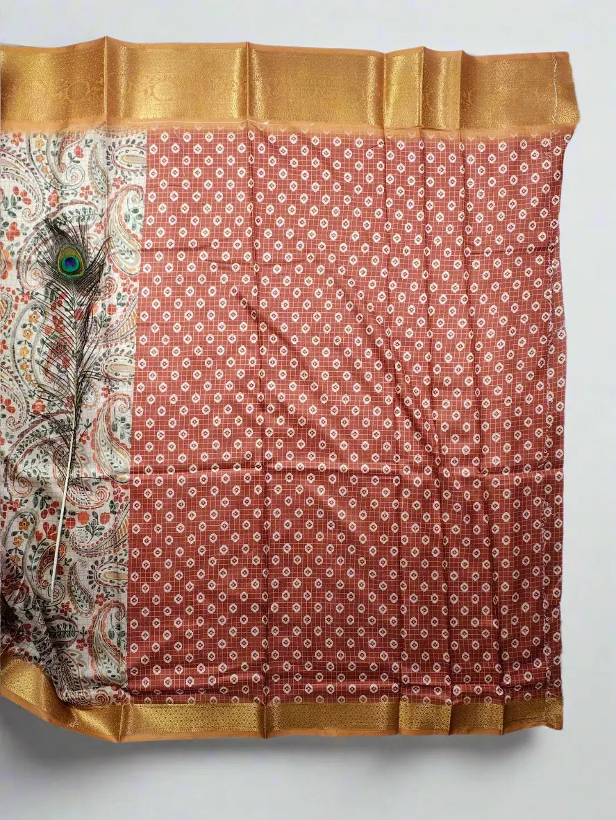 Kalamkari Silk Saree - Cream & Gold with Paisley & Floral Print