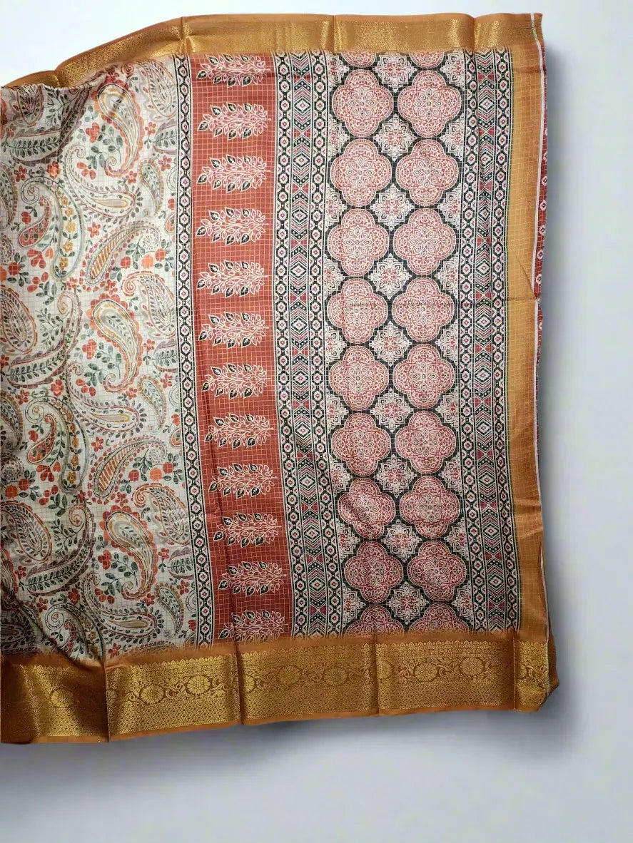 Kalamkari Silk Saree - Cream & Gold with Paisley & Floral Print
