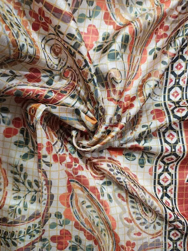 Kalamkari Silk Saree - Cream & Gold with Paisley & Floral Print