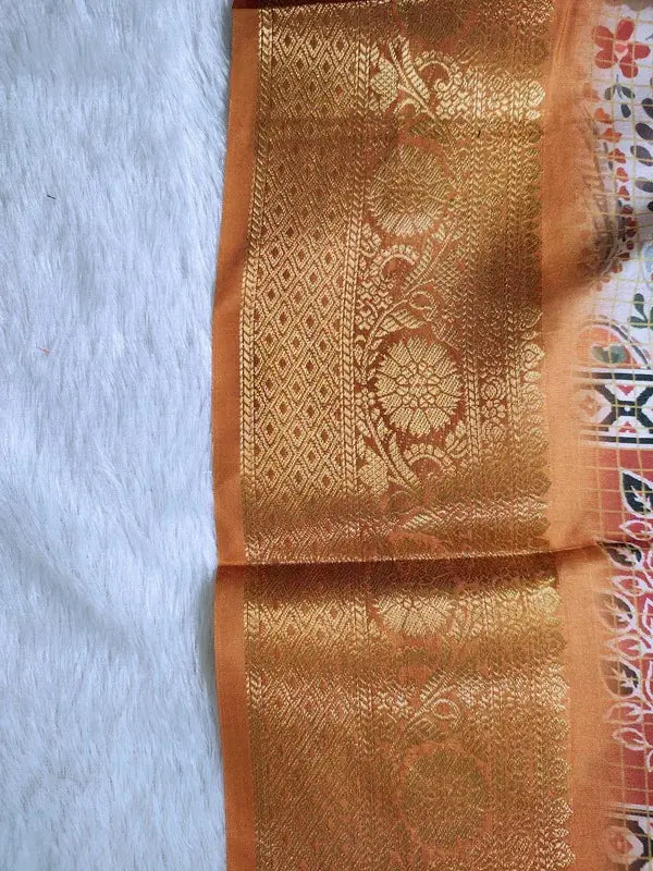 Kalamkari Silk Saree - Cream & Gold with Paisley & Floral Print