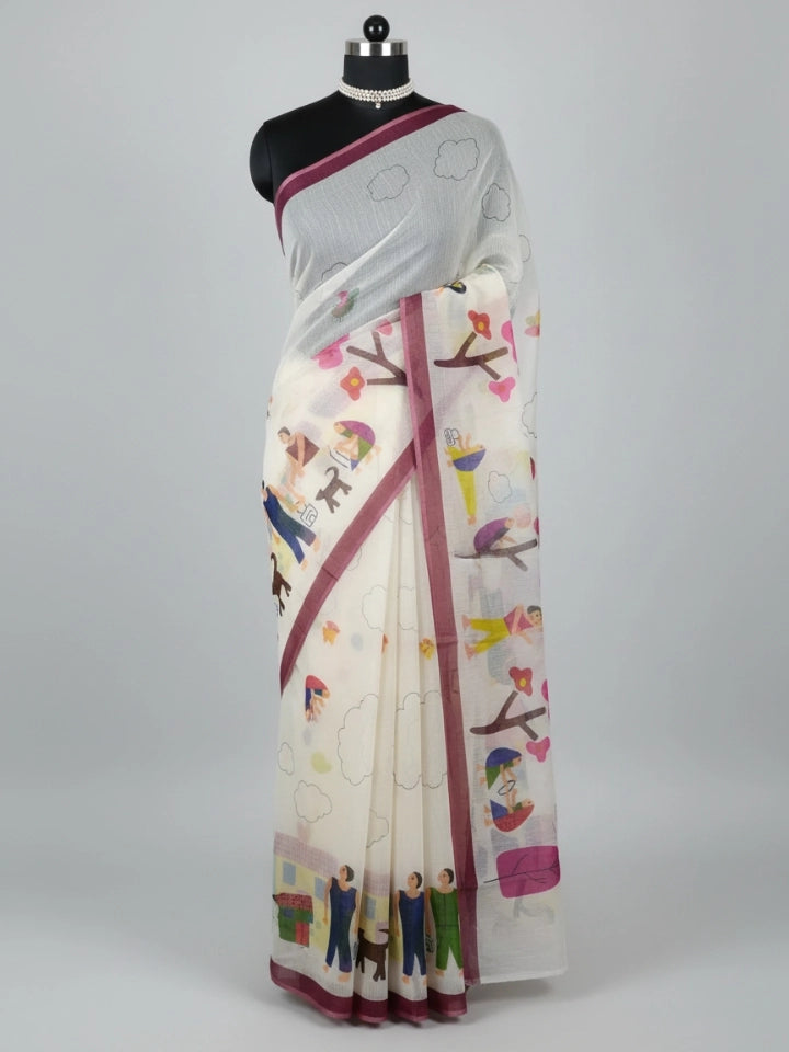 Cream Linen Cotton Saree with Quirky Cartoon Village Motifs - Soft
