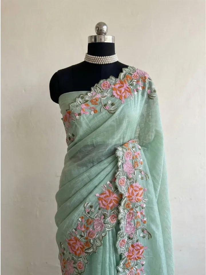 Elegant Pista Green Saree with Fine Floral Embroidery