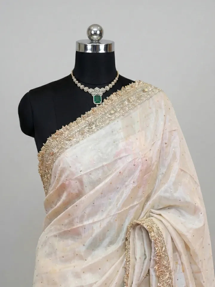 Embroidered Sequin Work Saree in Ivory White with Rich Lace Border