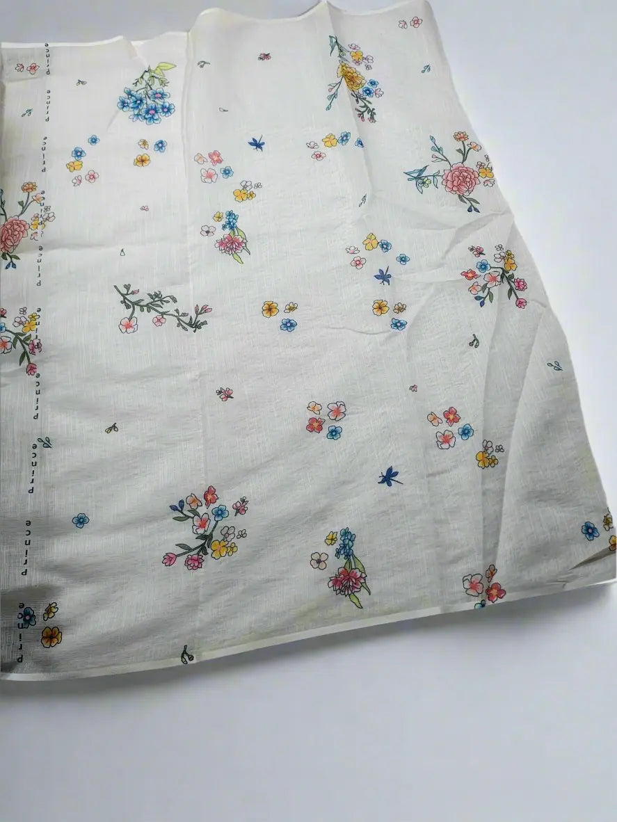 Linen Cotton Saree with Floral Garden Blooms – White Soft Linen Saree