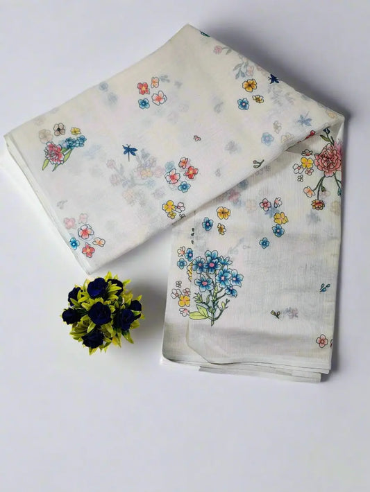 Linen Cotton Saree with Floral Garden Blooms – White Soft Linen Saree