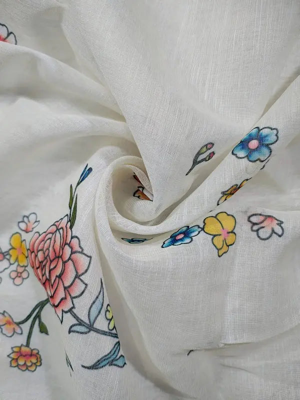 Linen Cotton Saree with Floral Garden Blooms – White Soft Linen Saree