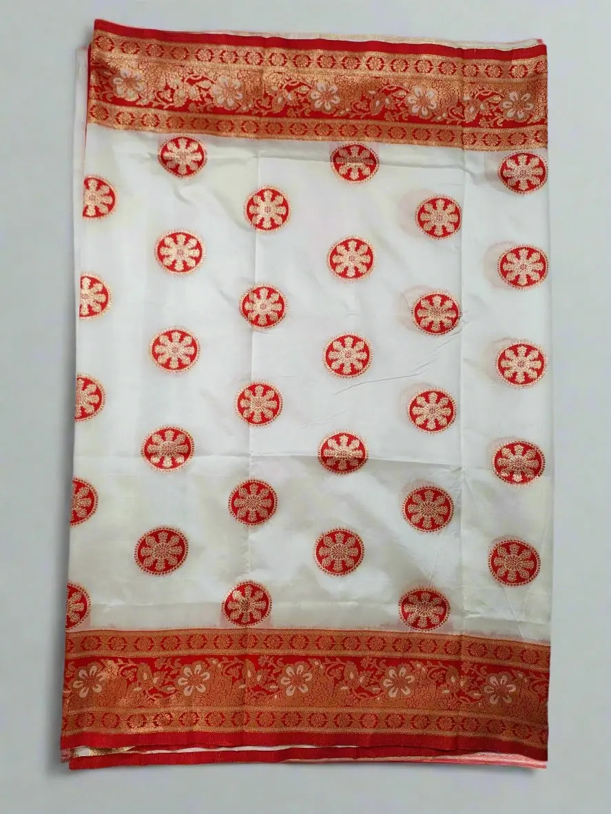 Banarasi Silk Saree - White & Red with Golden Zari Work | Ideal Saree for Weddings & Festivals