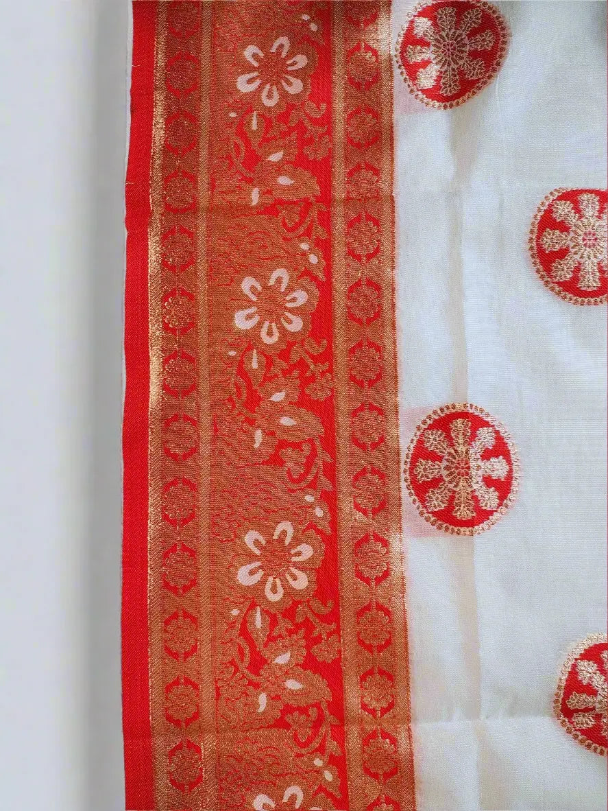 Banarasi Silk Saree - White & Red with Golden Zari Work | Ideal Saree for Weddings & Festivals